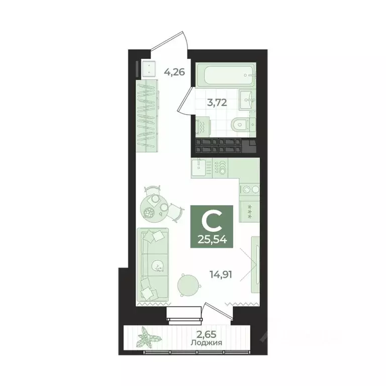 Студия Свердловская область, Екатеринбург Уктус жилрайон,  (25.54 м) - Фото 1