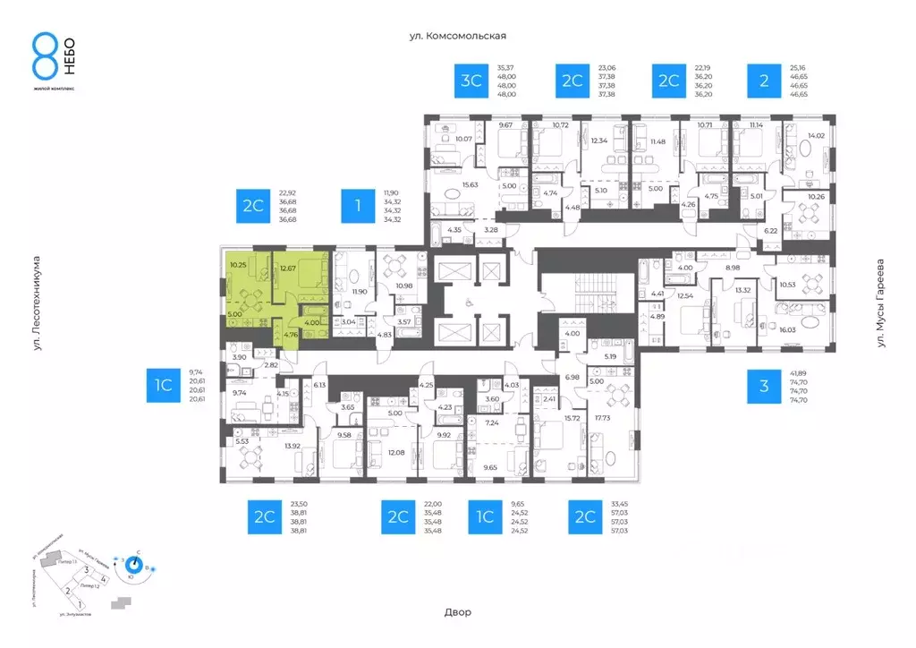 2-к кв. Башкортостан, Уфа Глумилино-1 мкр, 8-е Небо жилой комплекс ... - Фото 2