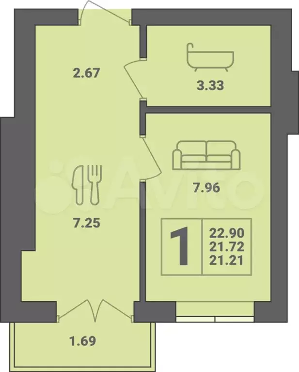 1-к. квартира, 22,9 м, 2/6 эт. - Фото 1