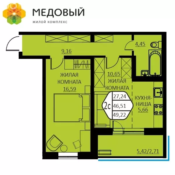 2-комнатная квартира: деревня Кондратово, улица Г.Н. Нифантова, 12 ... - Фото 0