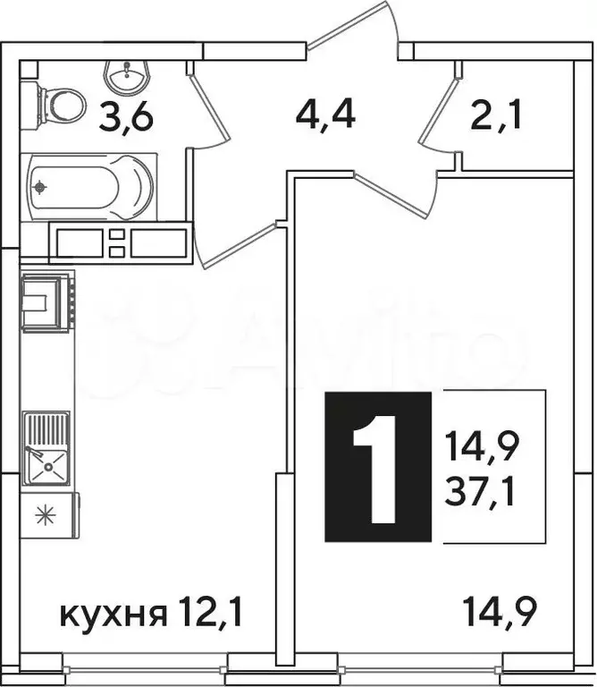 1-к. квартира, 37,1 м, 11/16 эт. - Фото 1