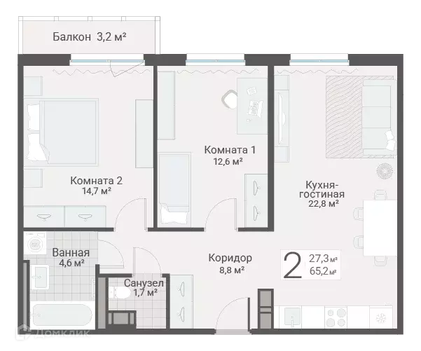 Продаётся 2-к квартира, 65.2 м - Фото 0