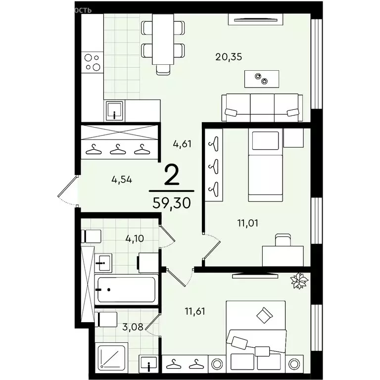 2-комнатная квартира: Тюмень, улица Александра Звягина, 10 (59.3 м) - Фото 0
