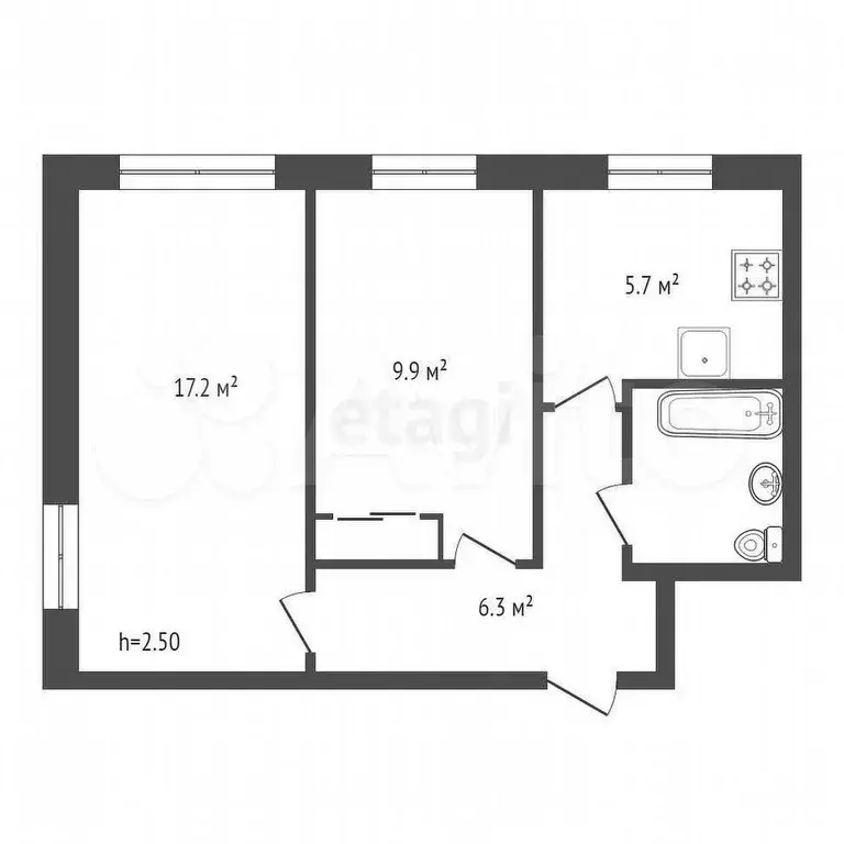2-к. квартира, 42,9 м, 1/5 эт. - Фото 0