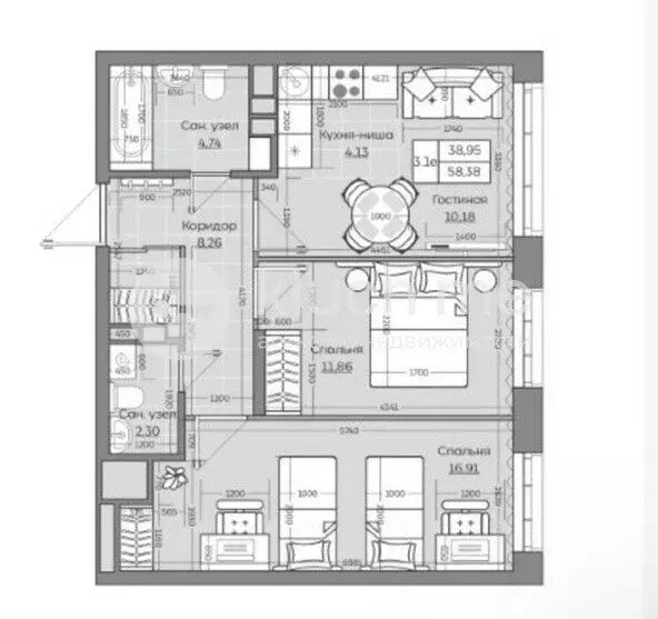 3-комнатная квартира: Казань, улица Ярышлар, 8 (58.42 м) - Фото 1