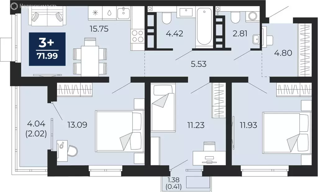 3-комнатная квартира: Тюмень, Арктическая улица, 16 (72.39 м) - Фото 0