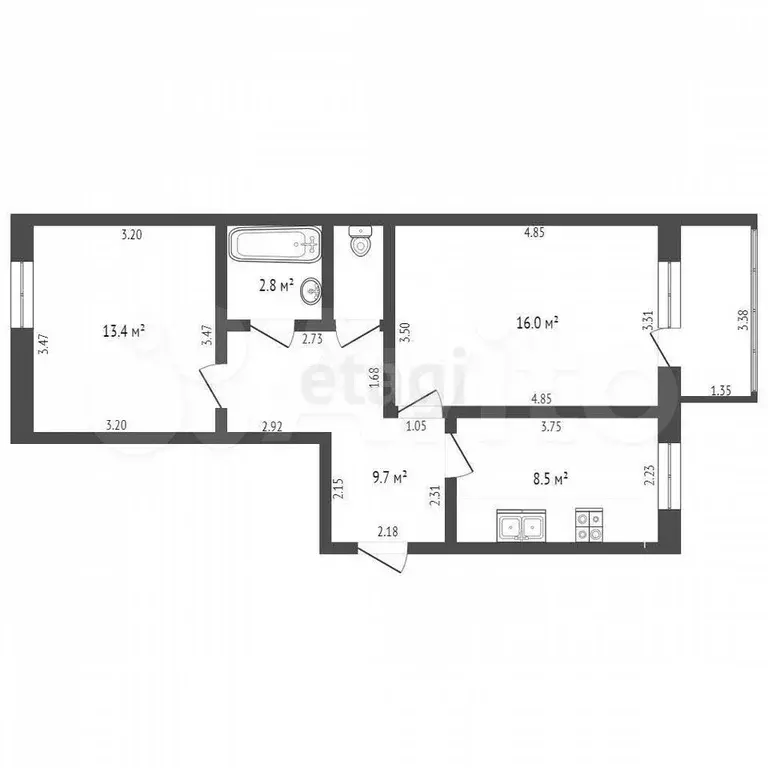 2-к. квартира, 49,5 м, 4/4 эт. - Фото 0