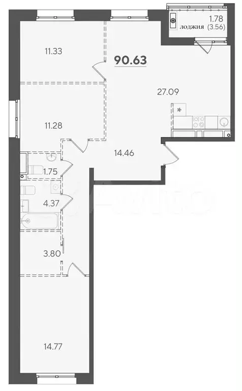 3-к. квартира, 90,6 м, 5/7 эт. - Фото 1