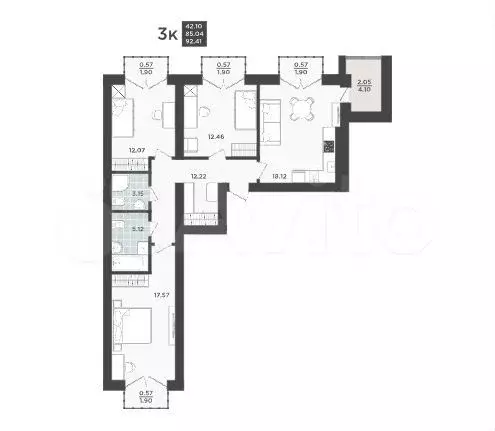 3-к. квартира, 92,4 м, 8/9 эт. - Фото 1