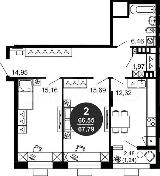 2-к. квартира, 67 м, 3/10 эт. - Фото 1