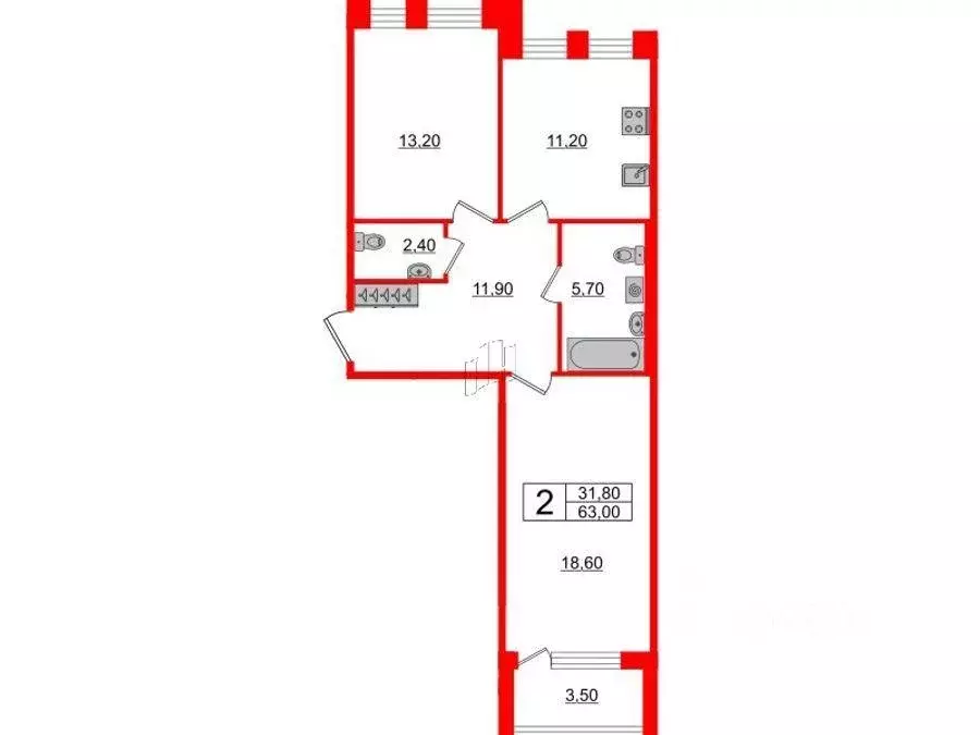 Квартира, 2 комнаты, 63 м - Фото 1