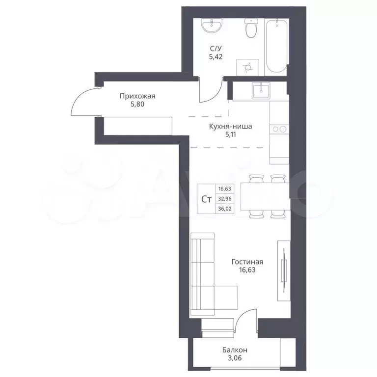 Квартира-студия, 33 м, 8/24 эт. - Фото 0