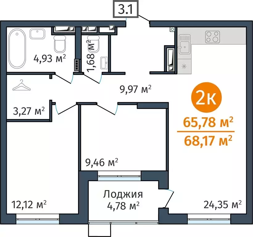 2-комнатная квартира: Тюмень, Краснооктябрьская улица, 6 (66 м) - Фото 1