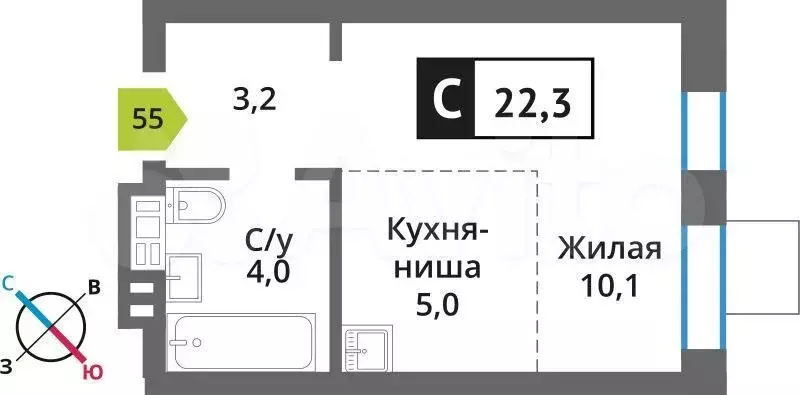 Квартира-студия, 22,3 м, 8/9 эт. - Фото 0