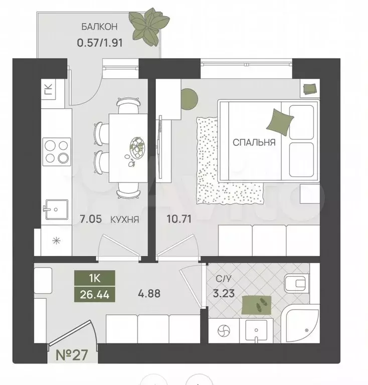 1-к. квартира, 27 м, 2/5 эт. - Фото 1