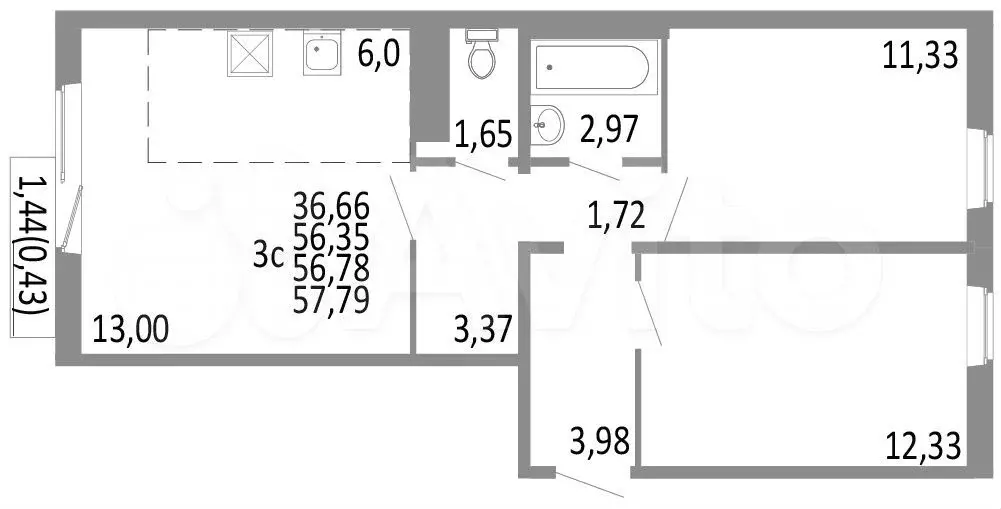 3-к. квартира, 56,8 м, 3/10 эт. - Фото 0