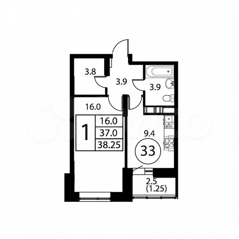 1-к. квартира, 38,3м, 9/12эт. - Фото 0