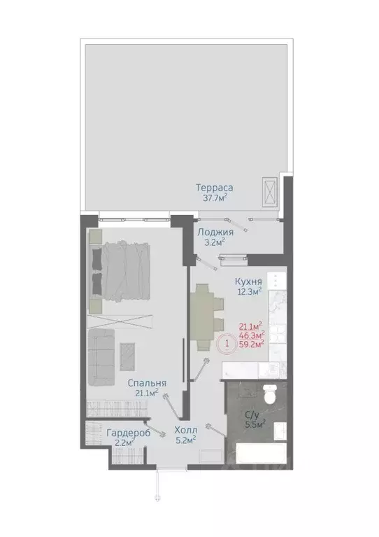 1-к кв. Воронежская область, Новоусманский район, пос. Отрадное ул. ... - Фото 1