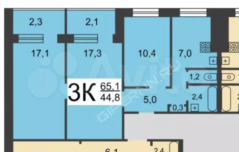 3-к. квартира, 67,1 м, 5/9 эт. - Фото 0