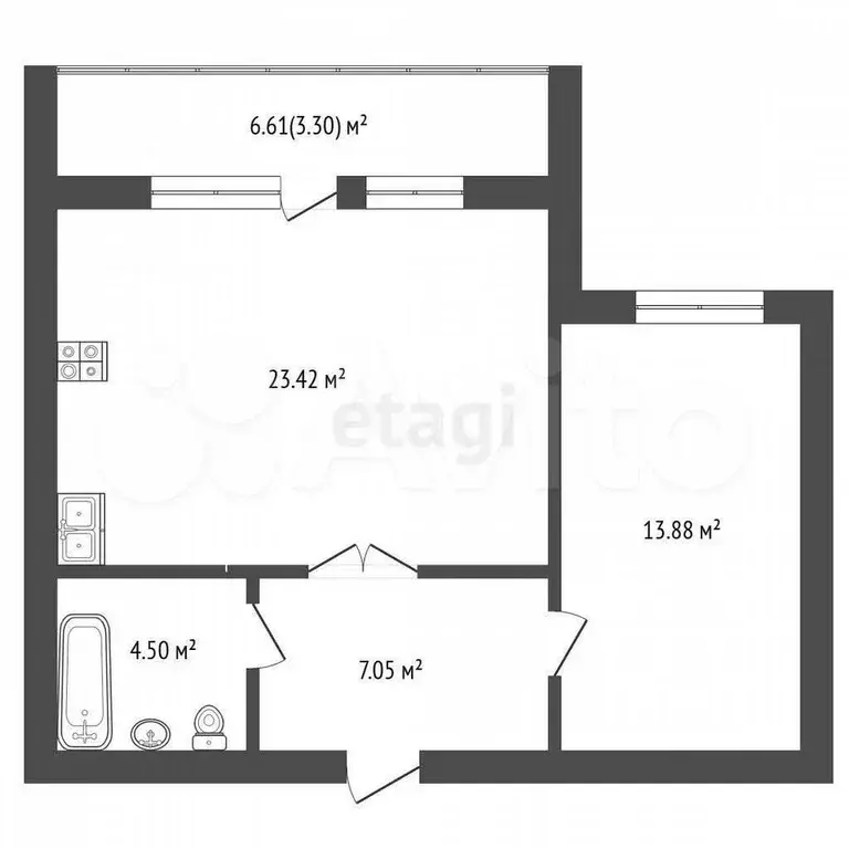 1-к. квартира, 48,5 м, 8/9 эт. - Фото 0