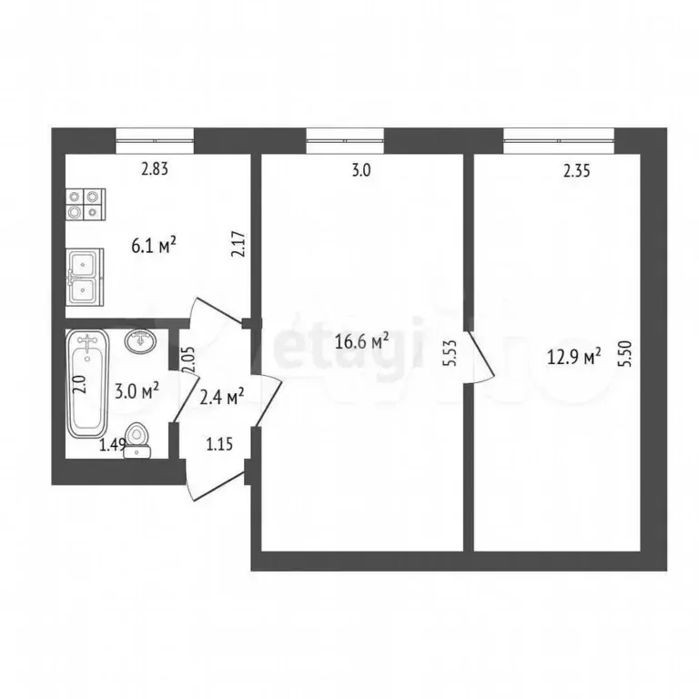 2-к. квартира, 41 м, 1/3 эт. - Фото 0