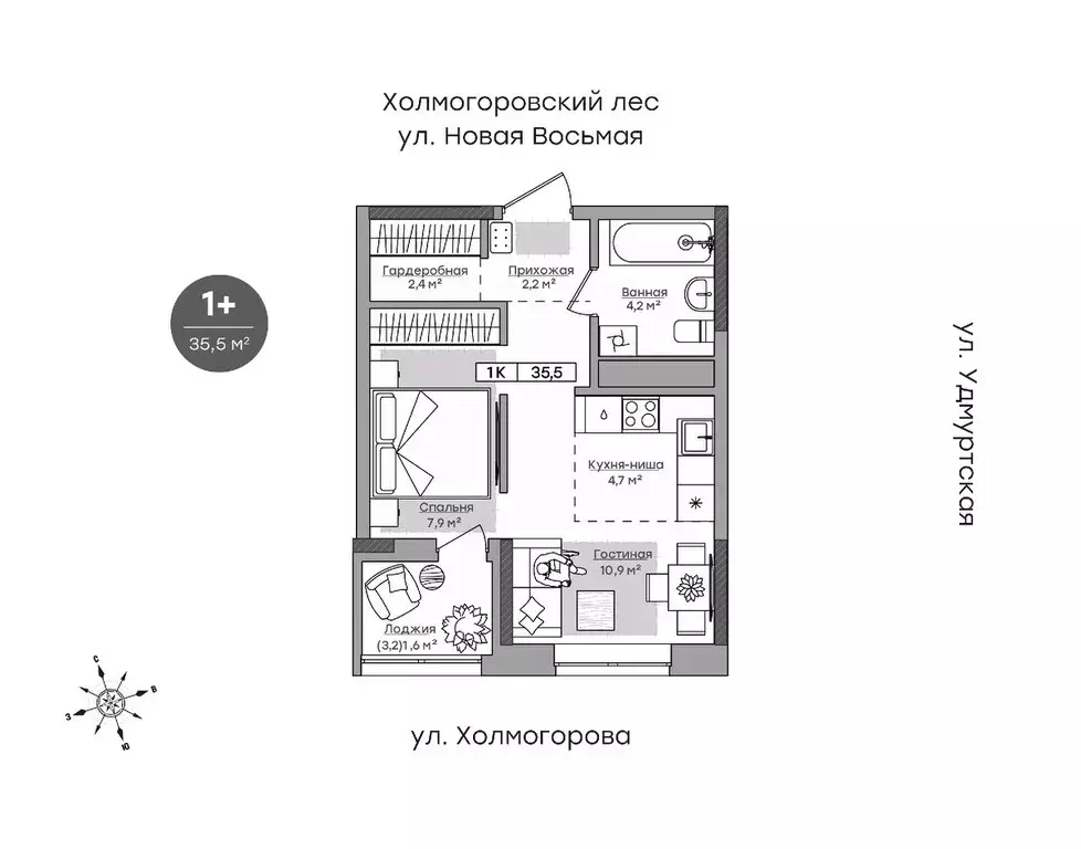 1-к кв. Удмуртия, Ижевск ул. Холмогорова, 109 (33.9 м) - Фото 0