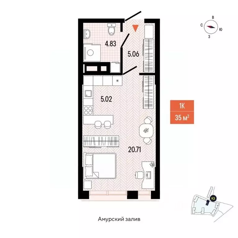 1-к кв. Приморский край, Владивосток просп. 100-летия Владивостока, ... - Фото 2