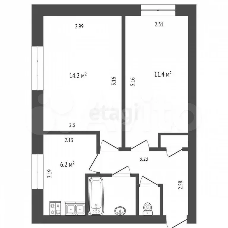 2-к. квартира, 40,3 м, 1/3 эт. - Фото 1