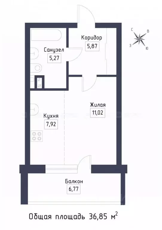 1-к кв. Татарстан, Казань ул. Родины, 26Г (36.9 м) - Фото 2