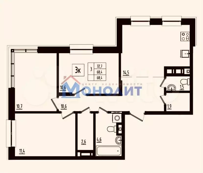 3-к. квартира, 68,4 м, 7/9 эт. - Фото 0