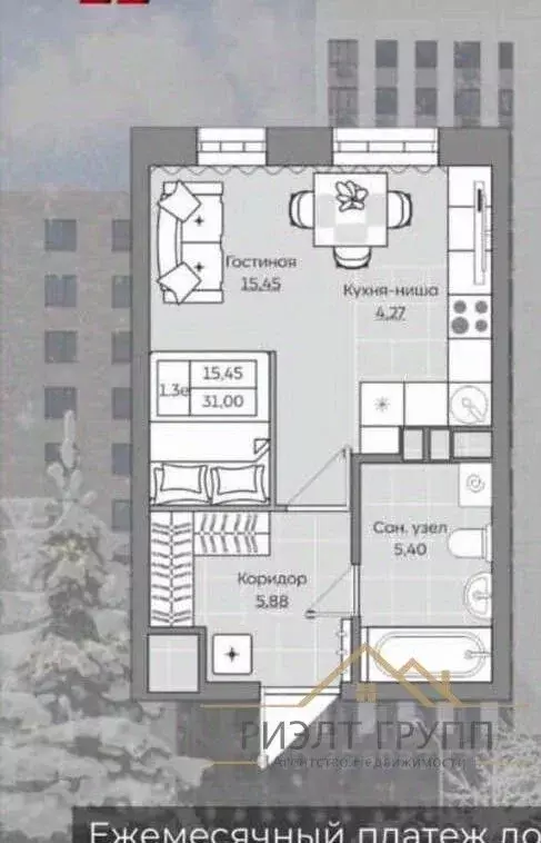1-к кв. Татарстан, Казань Комсомольская ул., 1 (43.0 м) - Фото 2