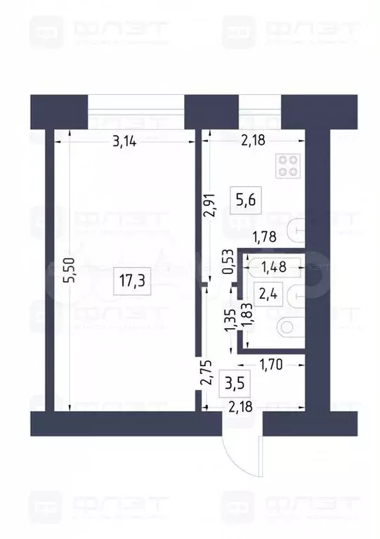 1-к. квартира, 28,8 м, 3/9 эт. - Фото 0