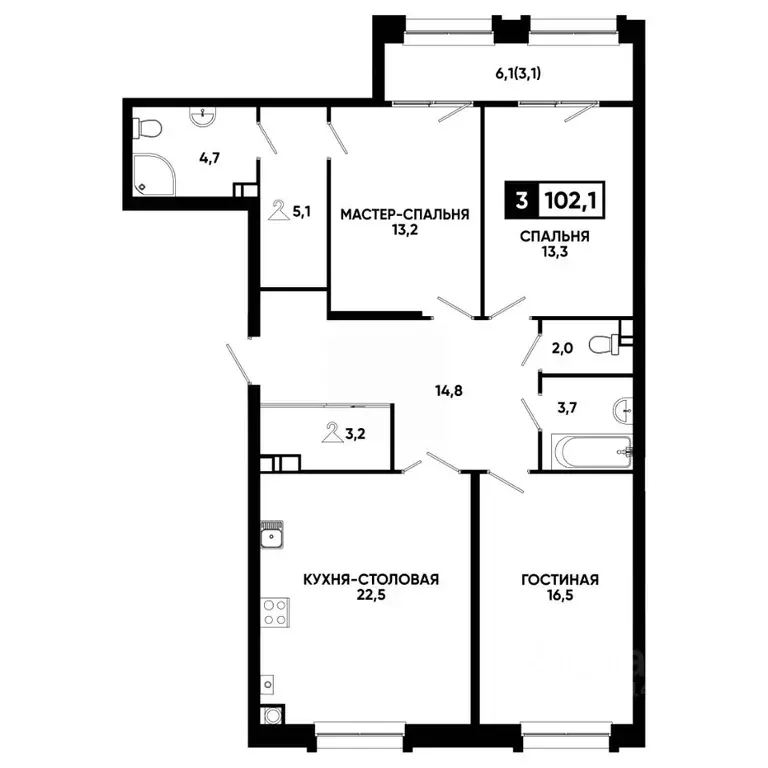 2-к кв. Ставропольский край, Кисловодск ул. Катыхина, 185с2 (102.1 м) - Фото 1