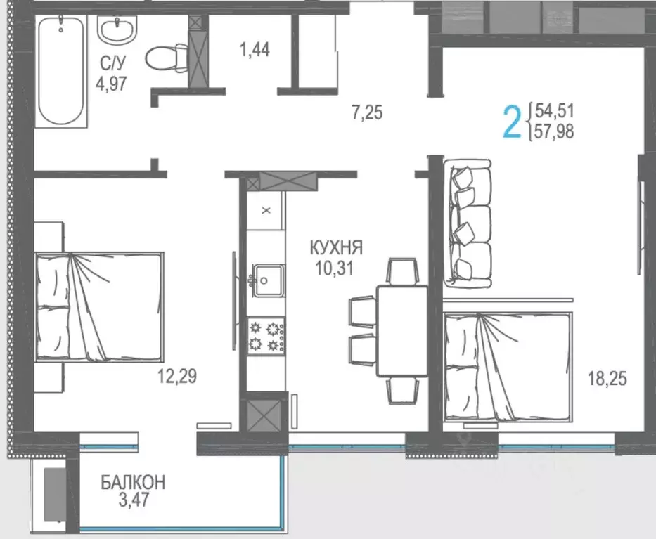 2-к кв. Крым, Симферопольский район, Гвардейское пгт ул. Курганная, ... - Фото 1
