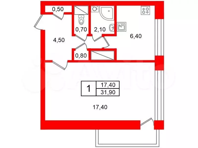 1-к. квартира, 31,9 м, 2/9 эт. - Фото 0