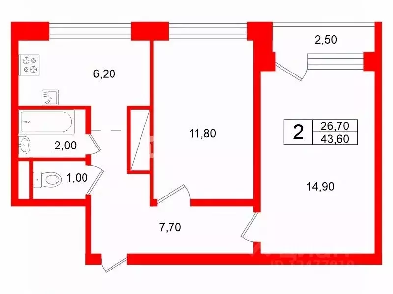 2-к кв. Санкт-Петербург ул. Маршала Захарова, 11Б (43.6 м) - Фото 2