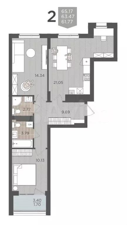 2-к. квартира, 63,5 м, 4/9 эт. - Фото 1