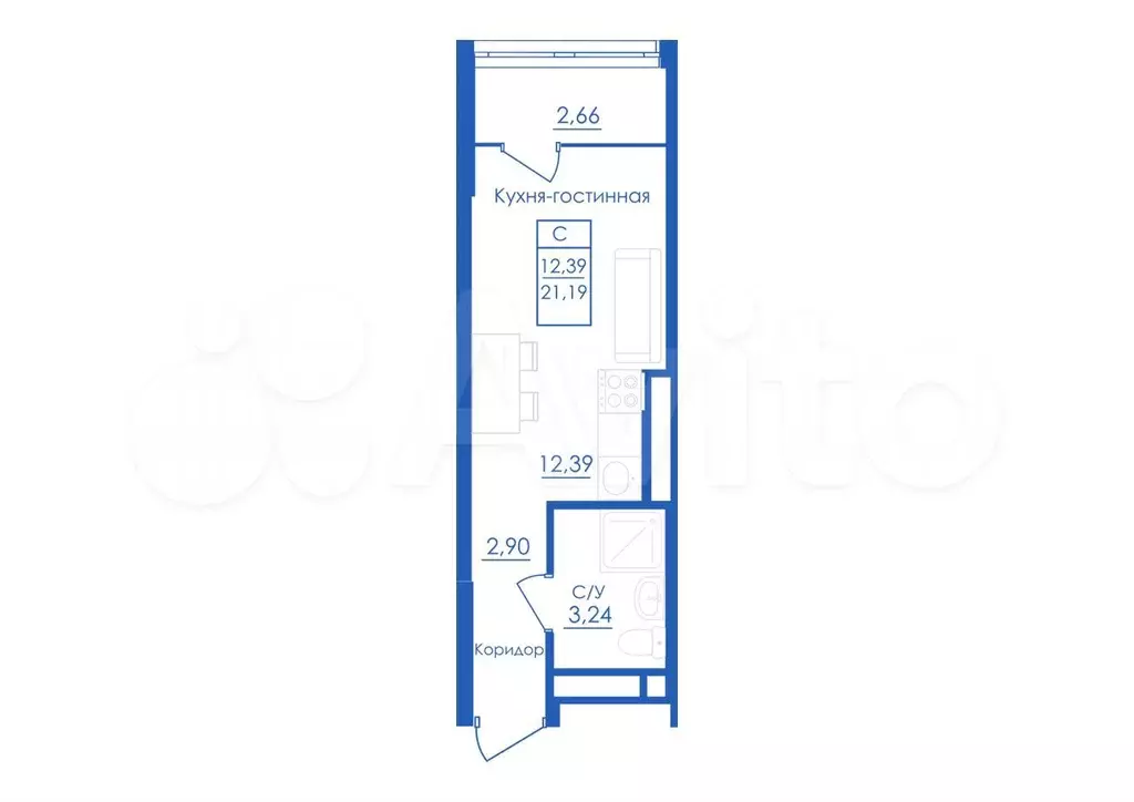 Квартира-студия, 21,2 м, 12/25 эт. - Фото 1