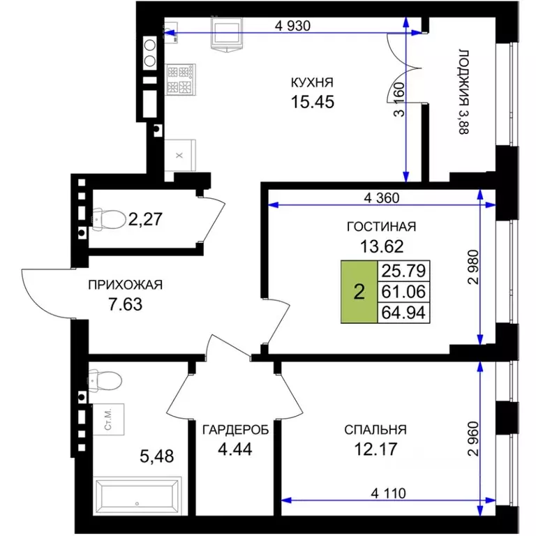 2-к кв. Калининградская область, Гурьевск Включи жилой комплекс (64.94 ... - Фото 1