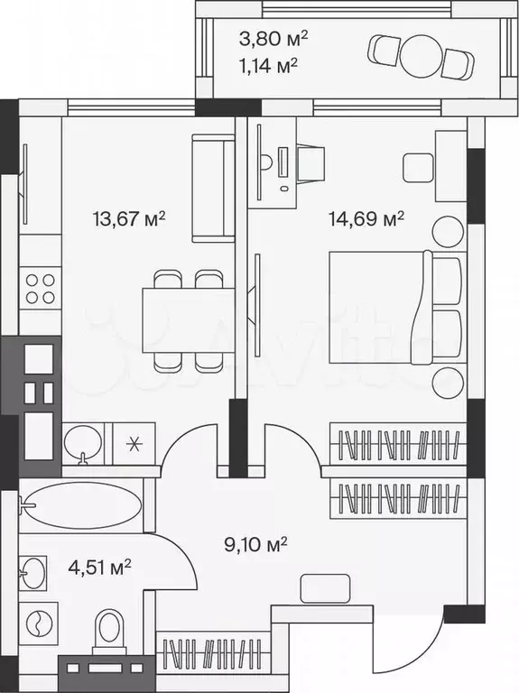 1-к. квартира, 43,1 м, 5/7 эт. - Фото 1