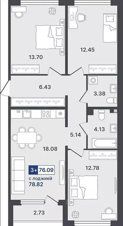 3-к кв. Тюменская область, Тюмень ул. Алексея Сергиенко, 1 (76.09 м) - Фото 1