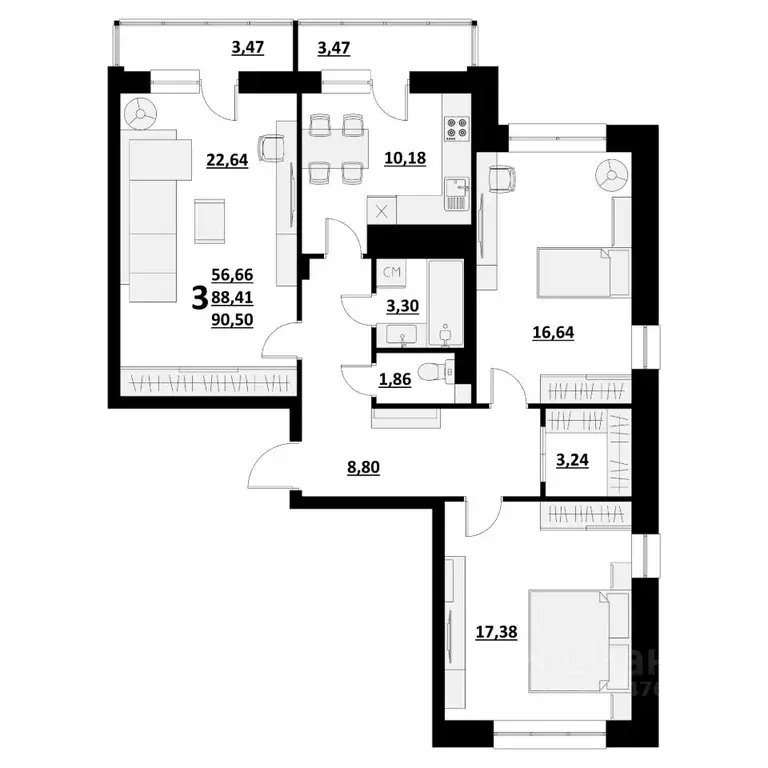 3-к кв. Белгородская область, Белгород ул. Квасова (90.49 м) - Фото 0