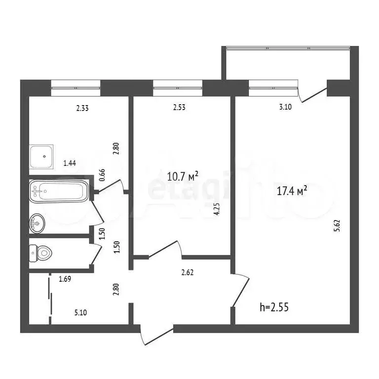 2-к. квартира, 44,8 м, 4/5 эт. - Фото 0