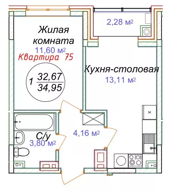 1-к кв. Ставропольский край, Минеральные Воды  (34.95 м) - Фото 0