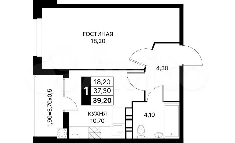 1-к. квартира, 39,2 м, 9/12 эт. - Фото 1