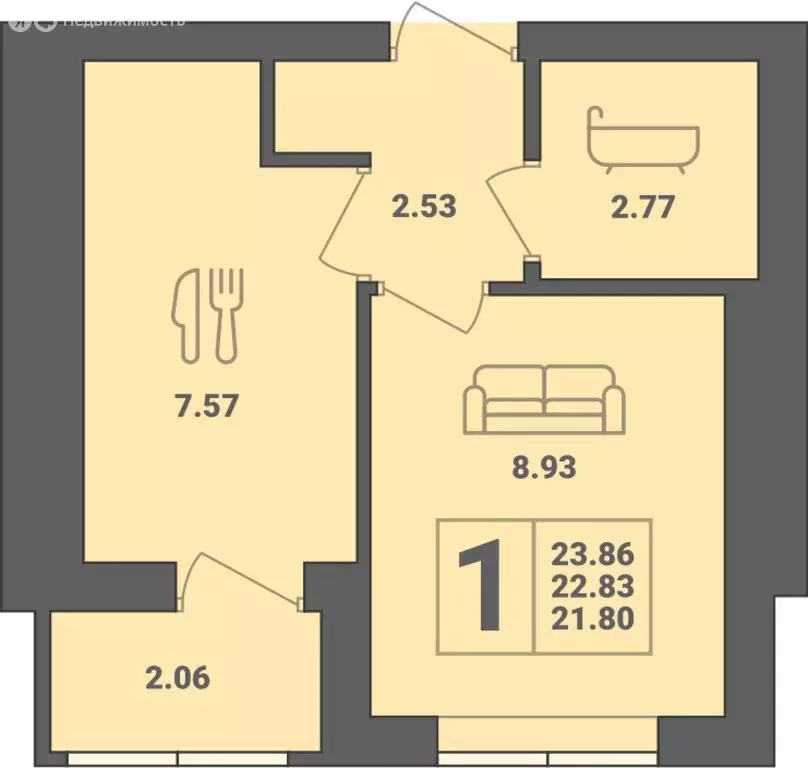 1-комнатная квартира: Пионерский, улица Гептнера, 17 (23.86 м) - Фото 0