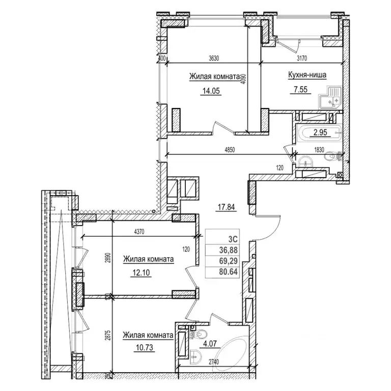 3-к кв. Новосибирская область, Новосибирск Фабричная ул., 65/4 (69.2 ... - Фото 1