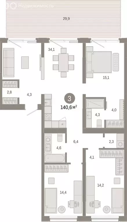 3-комнатная квартира: Новосибирск, Большевистская улица, с49 (140.57 ... - Фото 1