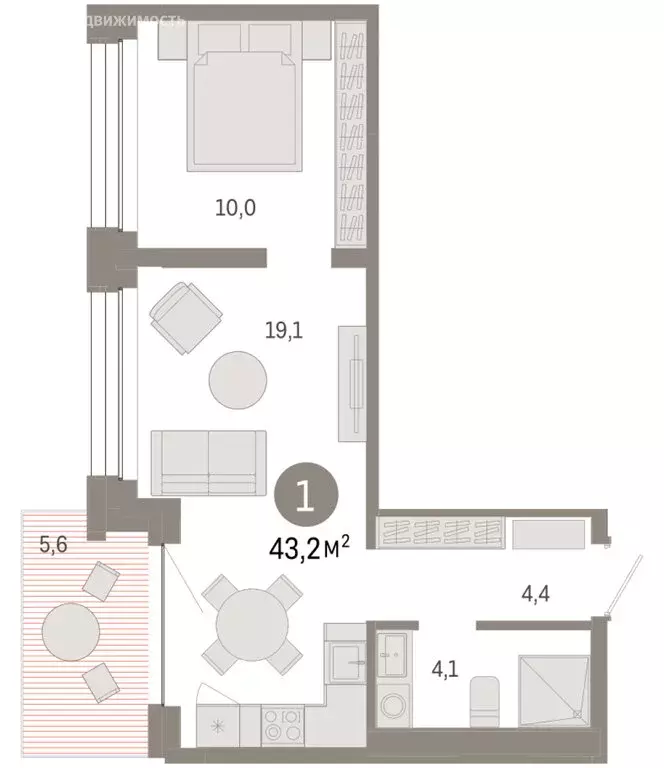 1-комнатная квартира: Тюмень, улица Муравленко, 9/2 (43.24 м) - Фото 2