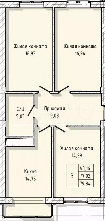 3-к. квартира, 79,8 м, 6/8 эт. - Фото 1